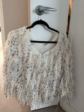 SHEIN Cream Fringe Sequin V-Neck Sweater